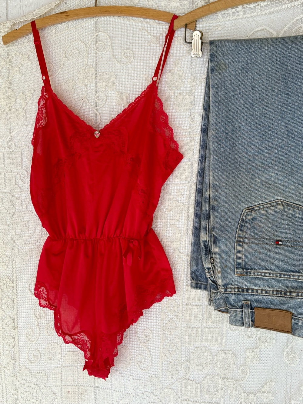 Vintage 60s Red Lace-Trim Satin Nylon Teddy Bodysuit with Adjustable Straps